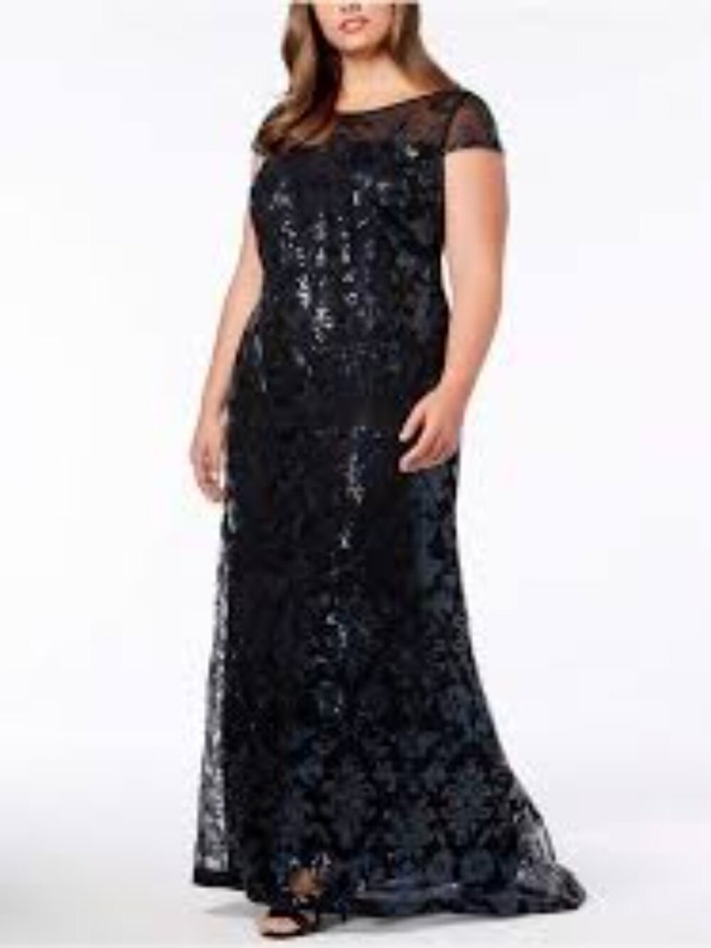 Calvin Klein Cap Sleeve Sequined Gown Black Mesh with Indigo Blue Plus Size 14W